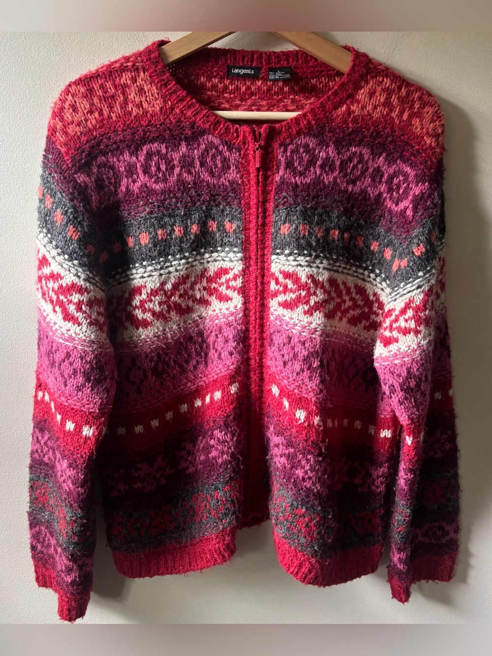 Tangents Y2K Red and Pink Fair Isle Zip Cardigan Sweater